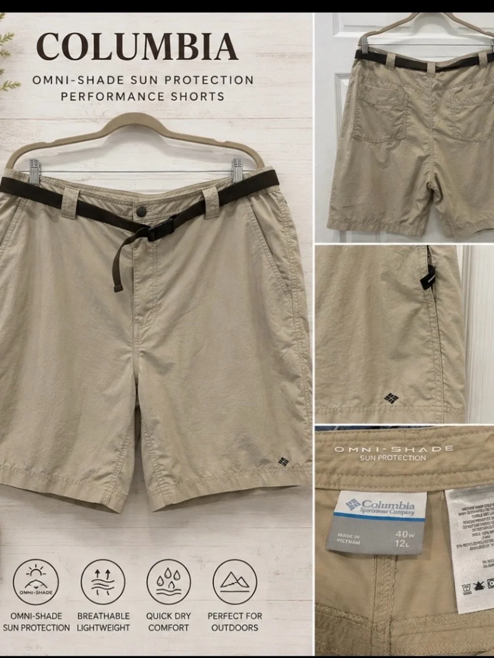 Columbia Men’s Omni-Shade Shorts in Light Khaki with Brown Belt Size 40